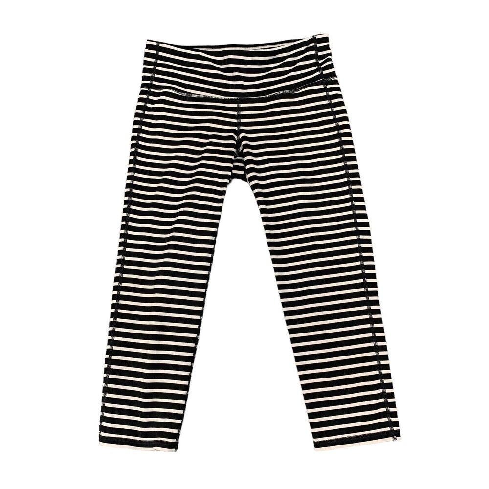 Athleta Legging Womens S Small Black White Chaturanga Striped Cropped Wide Band